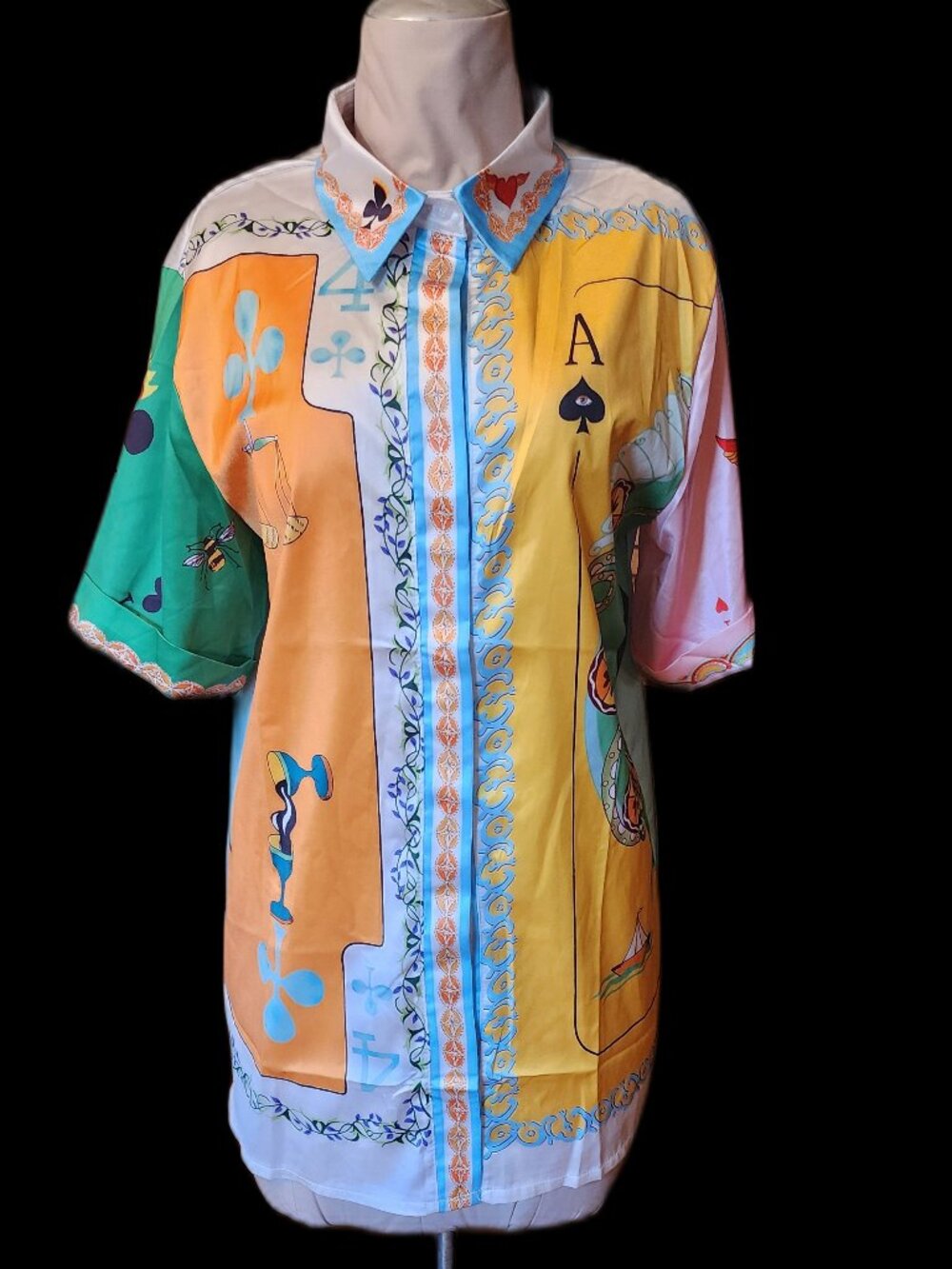 Silky, Utterly Ridiculous Top in Funny Poker Pattern, Multi-Color, XL